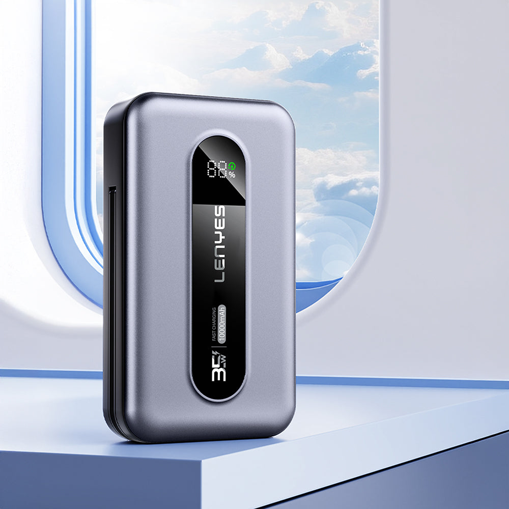 Lenyes PX1002D Dijital LED Göstergeli Teleskopik Type-C ve Lightning Kablolu Powerbank 35W 10.000mAh Gri