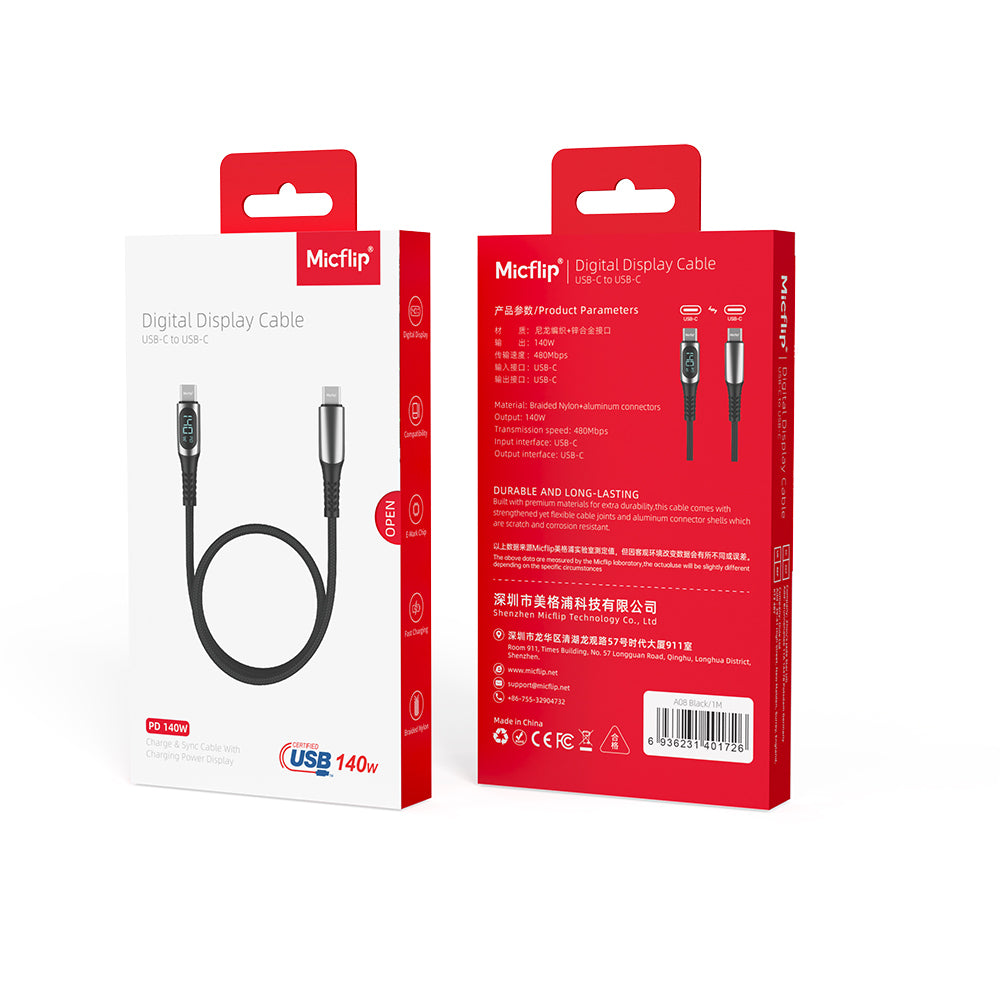 Micflip A08 Dijital LED Ekranlı Type-C to Type-C PD Data ve Şarj Kablosu 140W 1M