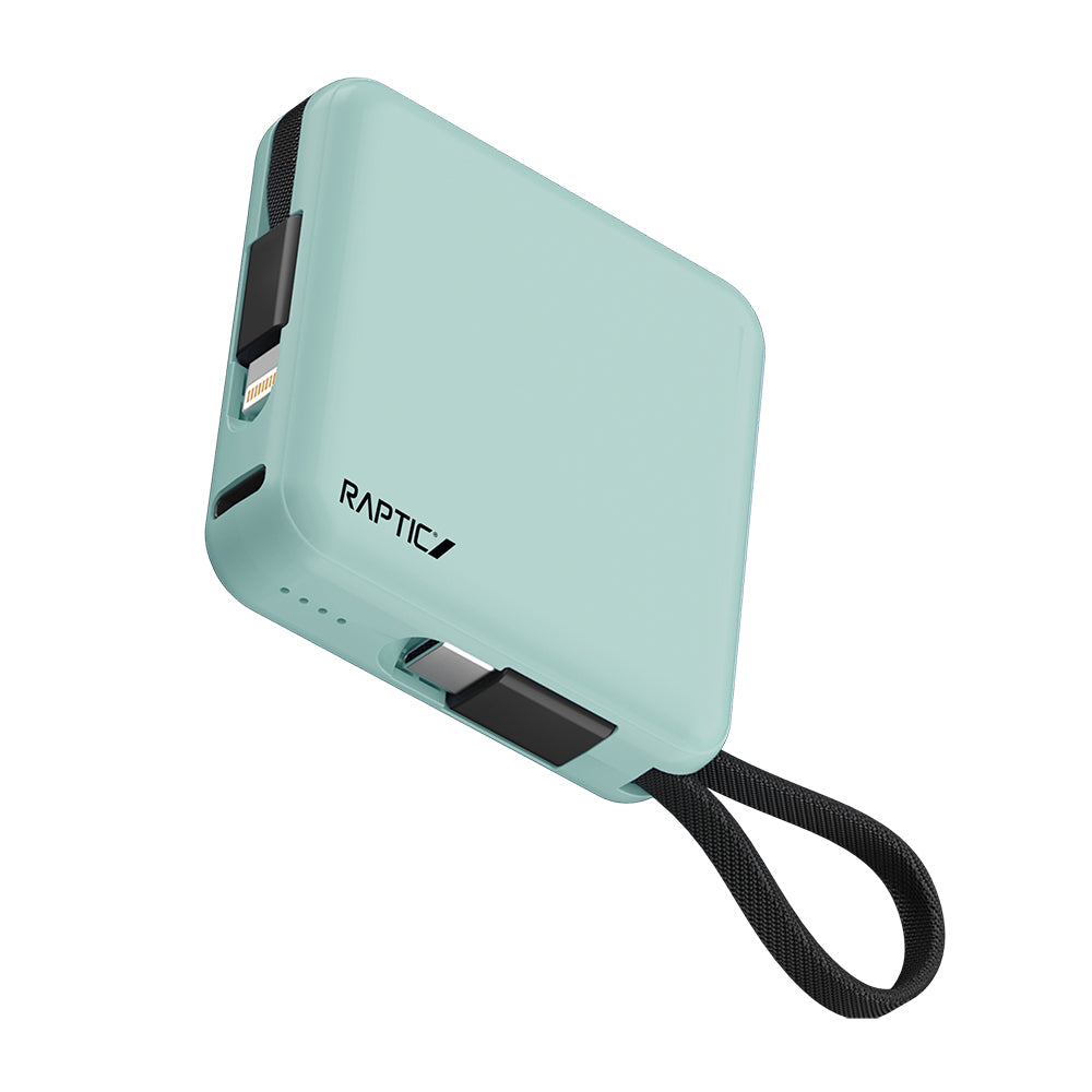 Raptic Lightning ve Type-C Kablolu Dijital LED Göstergeli Askılı Powerbank 5000mAh Kompakt ve Taşınabilir Tasarım Yeşil