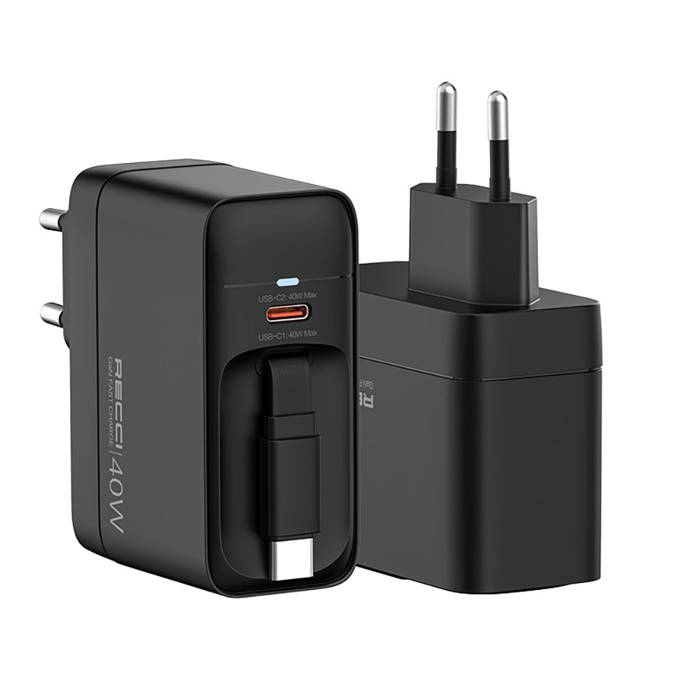 Recci RC102E GaN Teknolojili Hızlı Şarj Başlığı USB-A to Type-C PD 40W Type-C Kablolu Şarj Seti Siyah