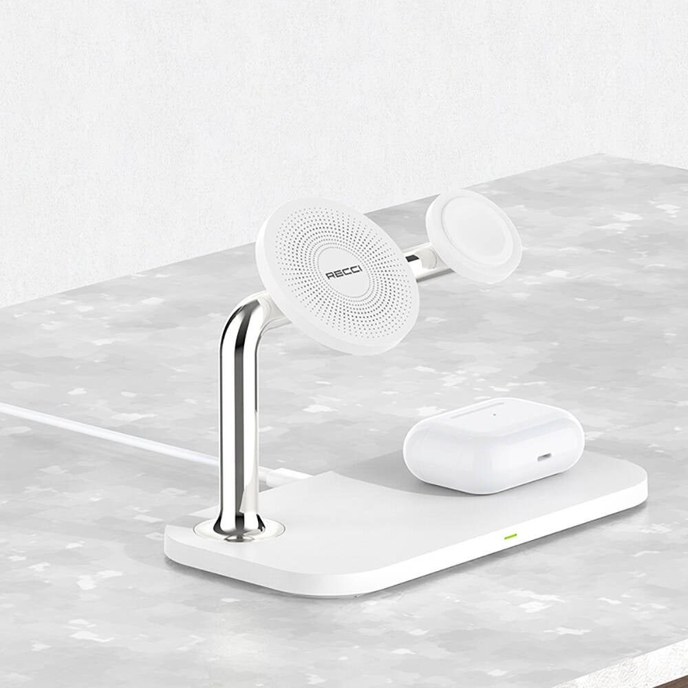 Recci RCW-20 Prestige Serisi 3in1 Magsafe 15W Hızlı Şarj Özellikli Magnetik Kablosuz Şarj Standı Beyaz