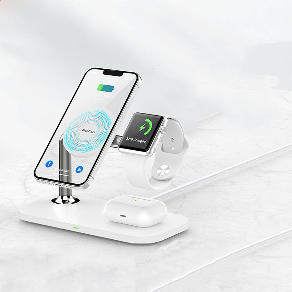 Recci RCW-20 Prestige Serisi 3in1 Magsafe 15W Hızlı Şarj Özellikli Magnetik Kablosuz Şarj Standı Beyaz