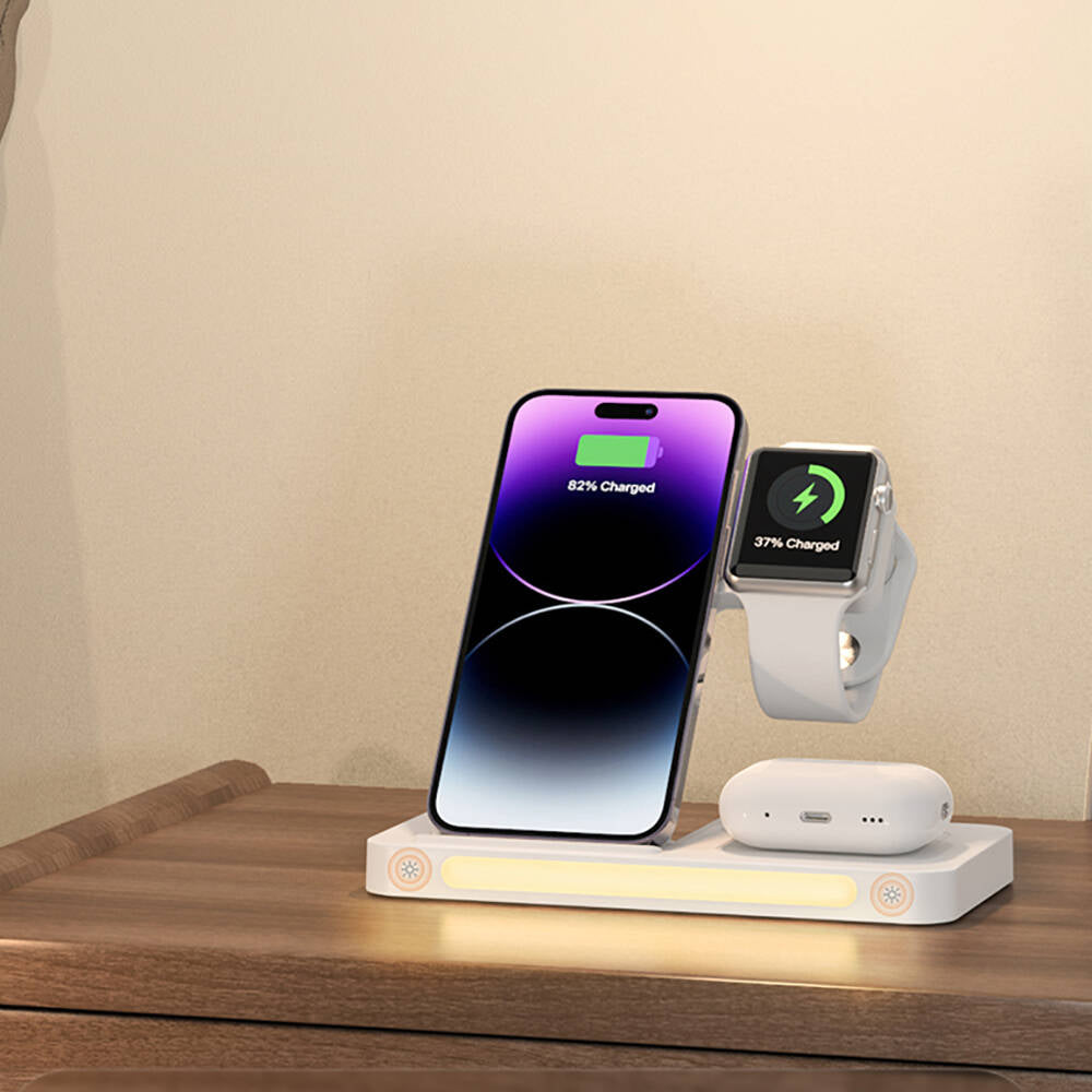 Recci RCW-31 4in1 Magsafe 15W Hızlı Şarj Özellikli LED Işıklı Magnetik Kablosuz Şarj Standı Beyaz