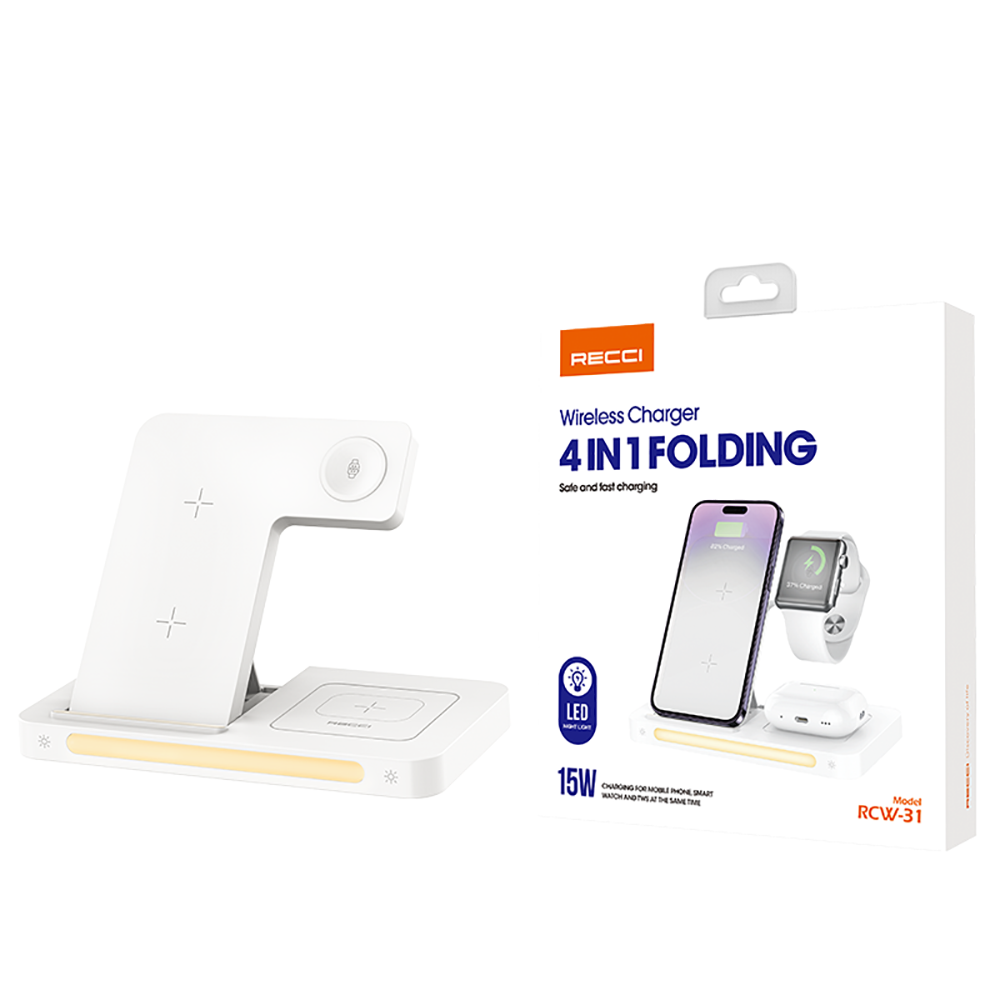 Recci RCW-31 4in1 Magsafe 15W Hızlı Şarj Özellikli LED Işıklı Magnetik Kablosuz Şarj Standı Beyaz