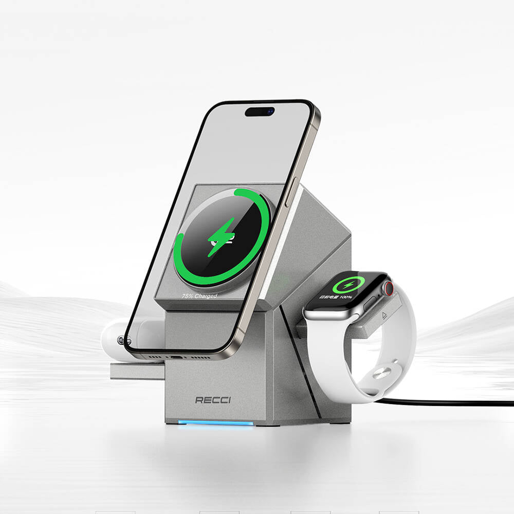 Recci RCW-47 Geometry Serisi Qi2 Şarj Teknolojili Rubik Küp Ambiyans Işıklı Telefon&Akıllı Saat&Kulaklık 15W 3in1 Kablosuz Şarj Standı Gri