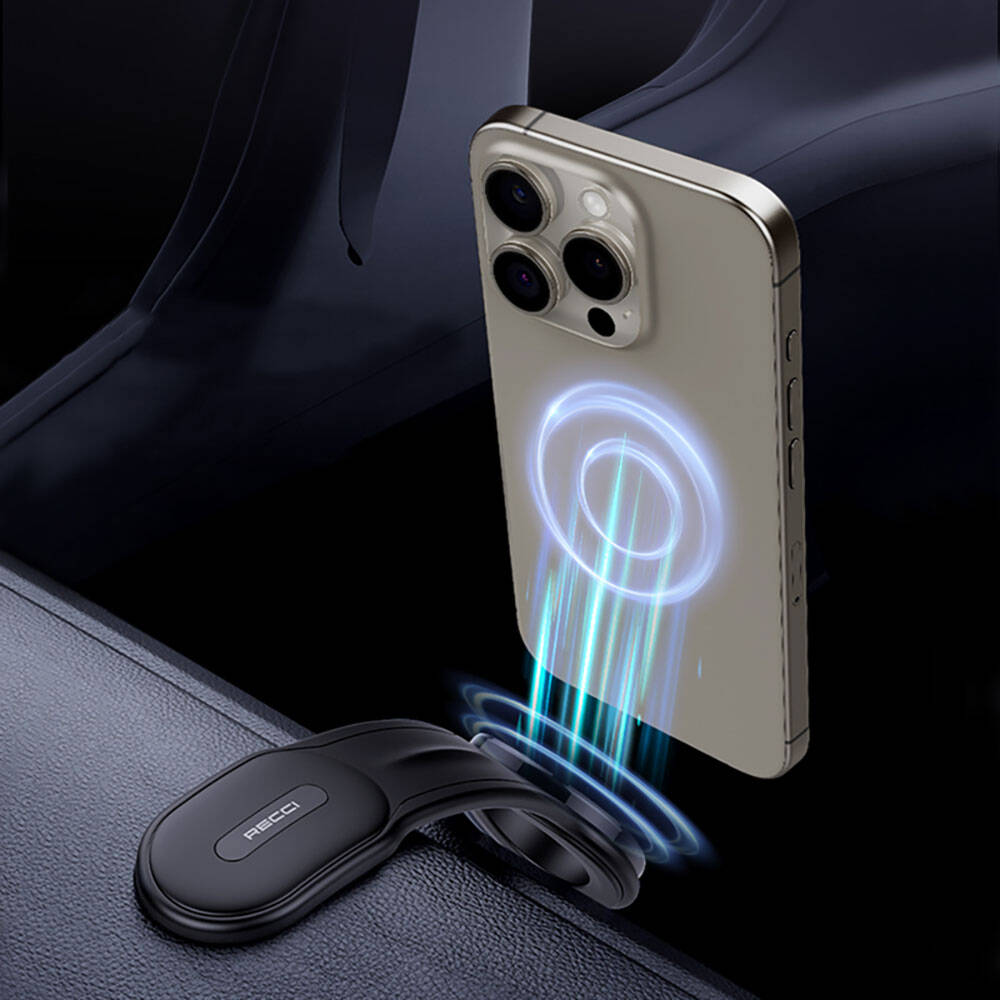 Recci RHO-C40 Magnetik Magsafe Uyumlu Bükülebilen Eğimli ve Düz Zemin Araç Telefon Tutucu Siyah