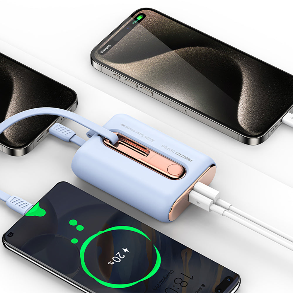 Recci RPB-P12C PD 20W Askı İpli Hızlı Şarj Özellikli Type-C Kablolu Powerbank 22.5W 10.000mAh Mavi