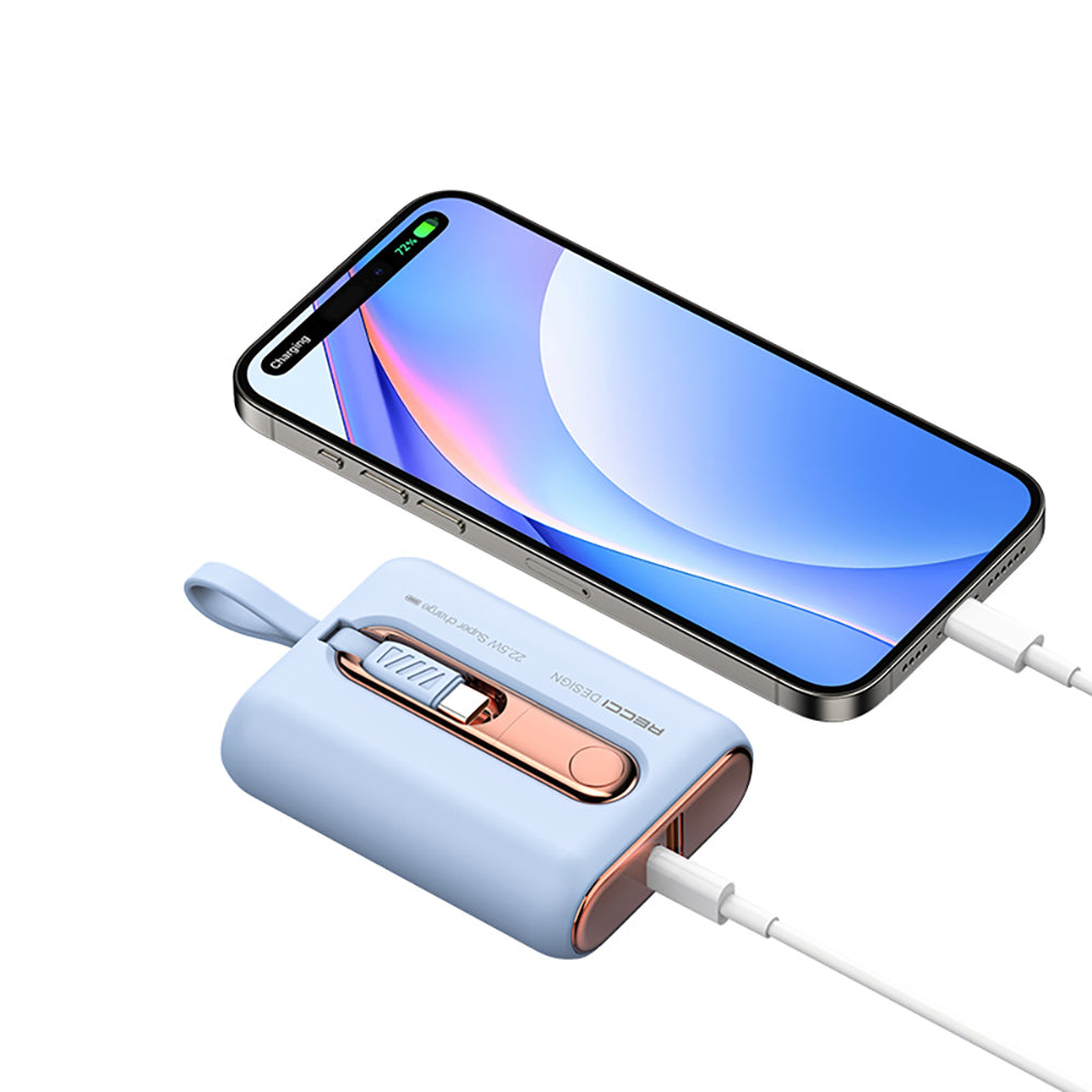 Recci RPB-P12C PD 20W Askı İpli Hızlı Şarj Özellikli Type-C Kablolu Powerbank 22.5W 9000mAh Mavi