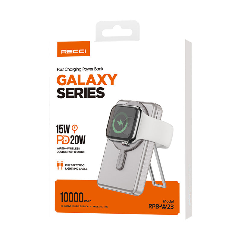Recci RPB-W23 PD 20W Led Göstergeli Standlı Kablosuz Şarj Özellikli Type-C ve Lightning Kablolu Powerbank 15W 10000mAh Gold