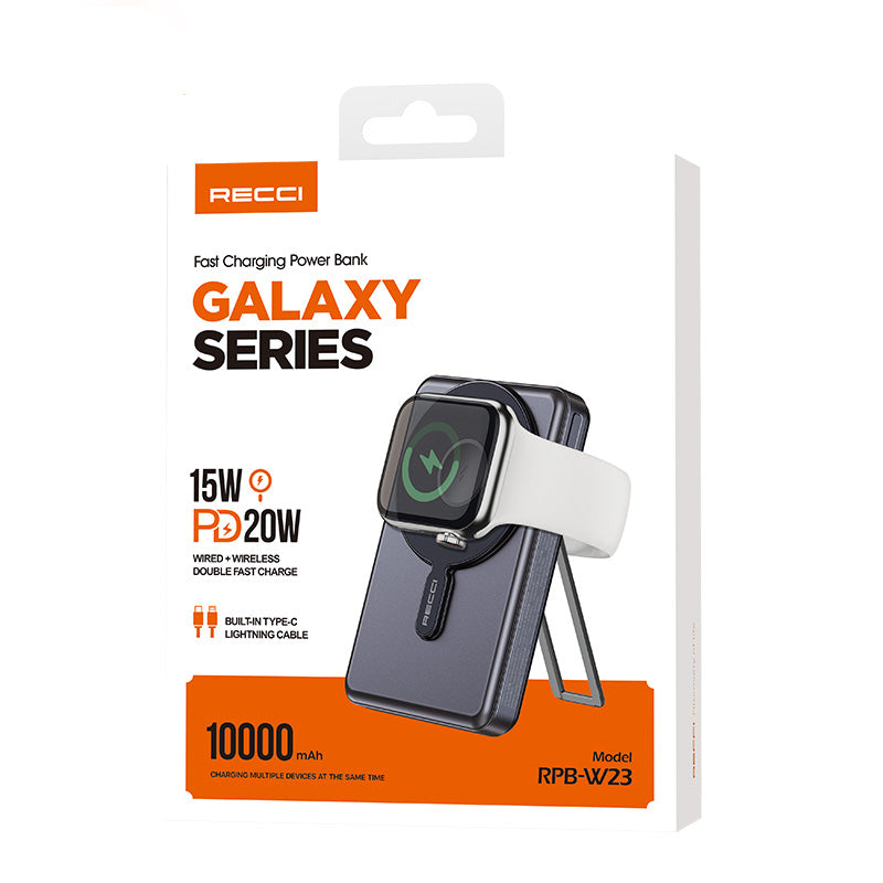 Recci RPB-W23 PD 20W Led Göstergeli Standlı Kablosuz Şarj Özellikli Type-C ve Lightning Kablolu Powerbank 15W 10000mAh Gold