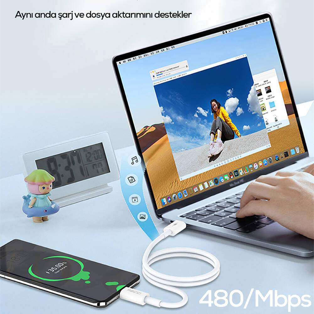 Recci RS06CL Type-C to Lightning PD 20W Hızlı Şarj Özellikli Data ve Şarj Kablosu 1M Beyaz