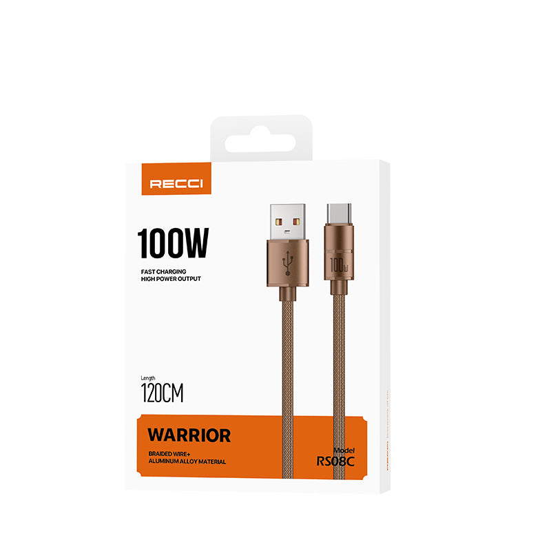 Recci RS08C Warrior Serisi USB-A to Type-C 100W Hızlı Şarj Özellikli Data ve Şarj Kablosu 1.2M Desert Gold