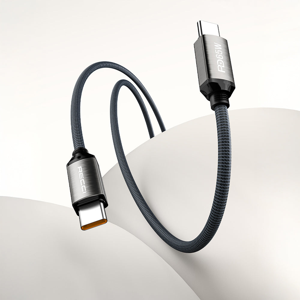 Recci RS35CC Type-C to Type-C PD 65W Örgü Tasarımlı Hızlı Şarj Özellikli Data ve Şarj Kablosu 1M Gri