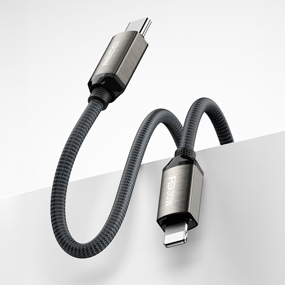 Recci RS35CL Type-C to Lightning PD 30W Örgü Tasarımlı Hızlı Şarj Özellikli Data ve Şarj Kablosu 1M Gri