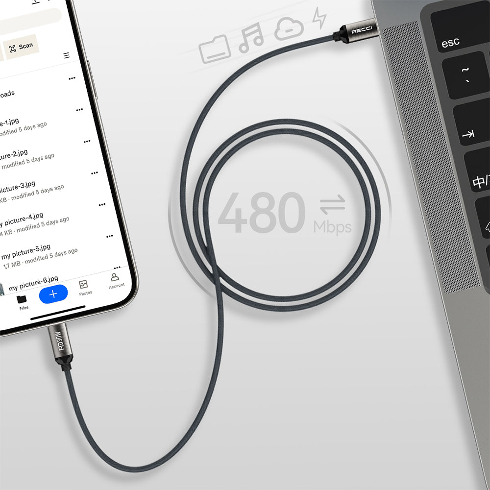 Recci RS35CL Type-C to Lightning PD 30W Örgü Tasarımlı Hızlı Şarj Özellikli Data ve Şarj Kablosu 1M Gri