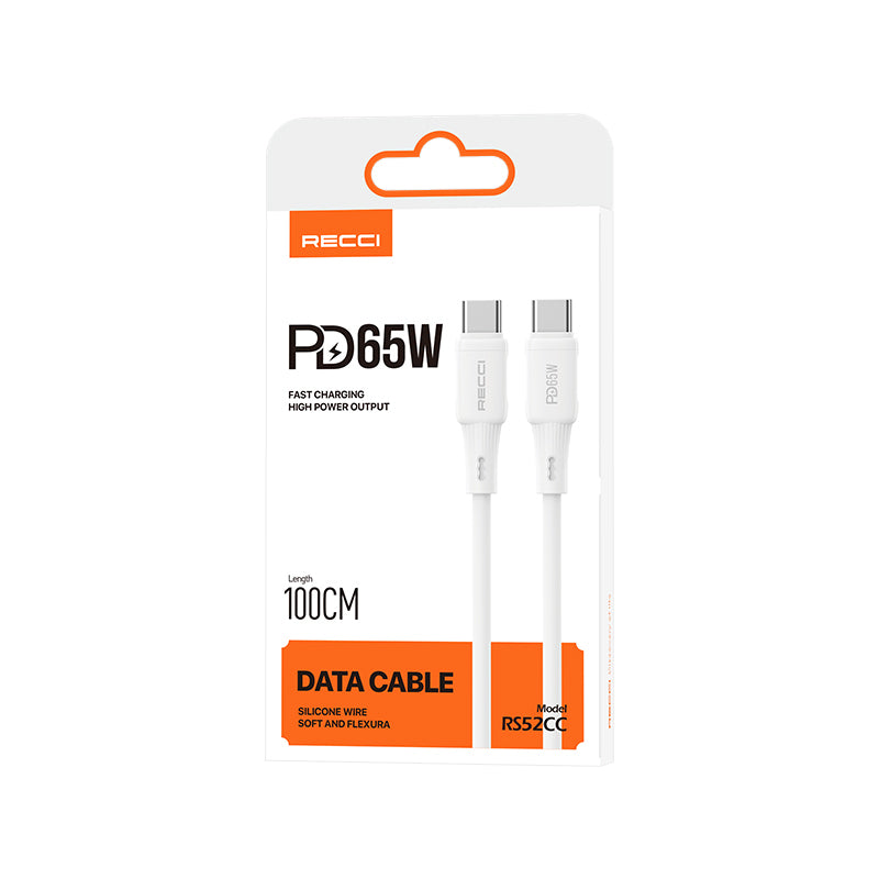 Recci RS52CC Type-C to Type-C PD Hızlı Şarj Özellikli Data ve Şarj Kablosu 65W 1M Beyaz