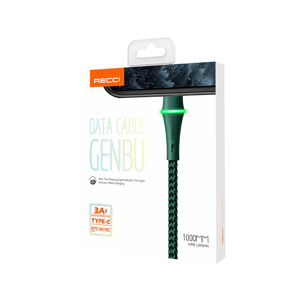 Recci RTC-N19C Genbu Serisi USB-A to Type-C 3A Hızlı Şarj Özellikli Şarj ve Data Kablosu 1M Siyah