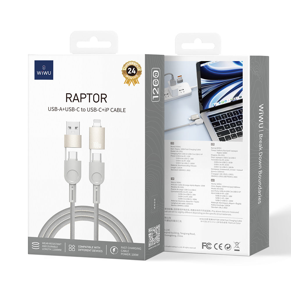 Wiwu 4in1 Raptor Serisi Çoklu USB-A + Type-C to Type-C + Lightning Şarj ve Data Kablosu 100W 120cm Titanyum