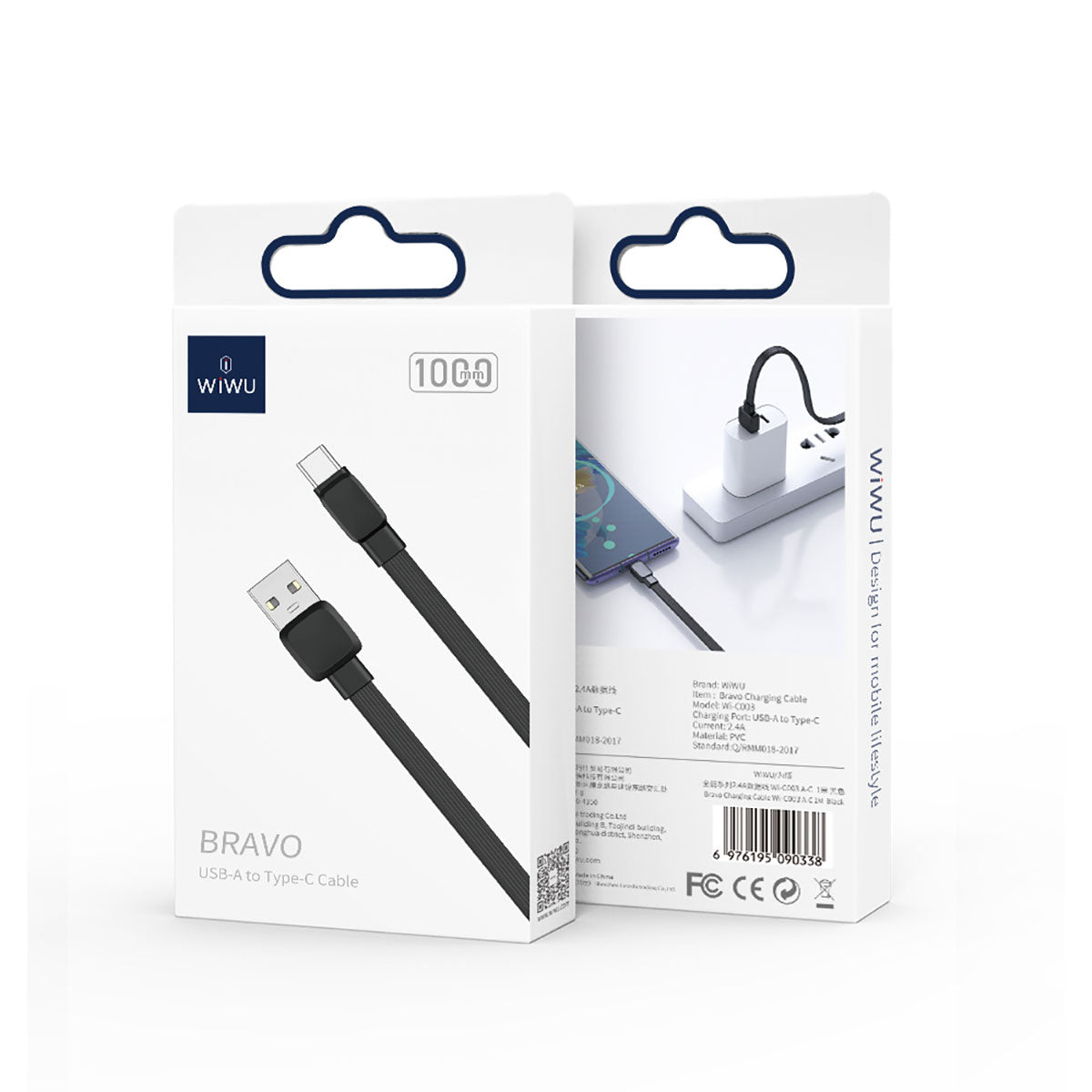 Wiwu Bravo Wİ-C003 Yassı Tasarım Type-C Usb Kablo 1M Siyah