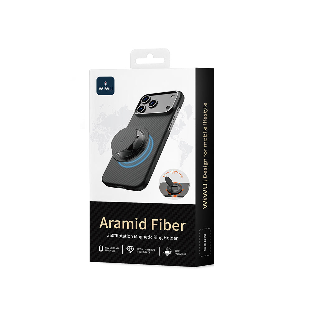 Wiwu Warriors Serisi Aramid Fiber 360 Derece Dönebilen Magnetik Ring Stand Telefon Tutucu Siyah