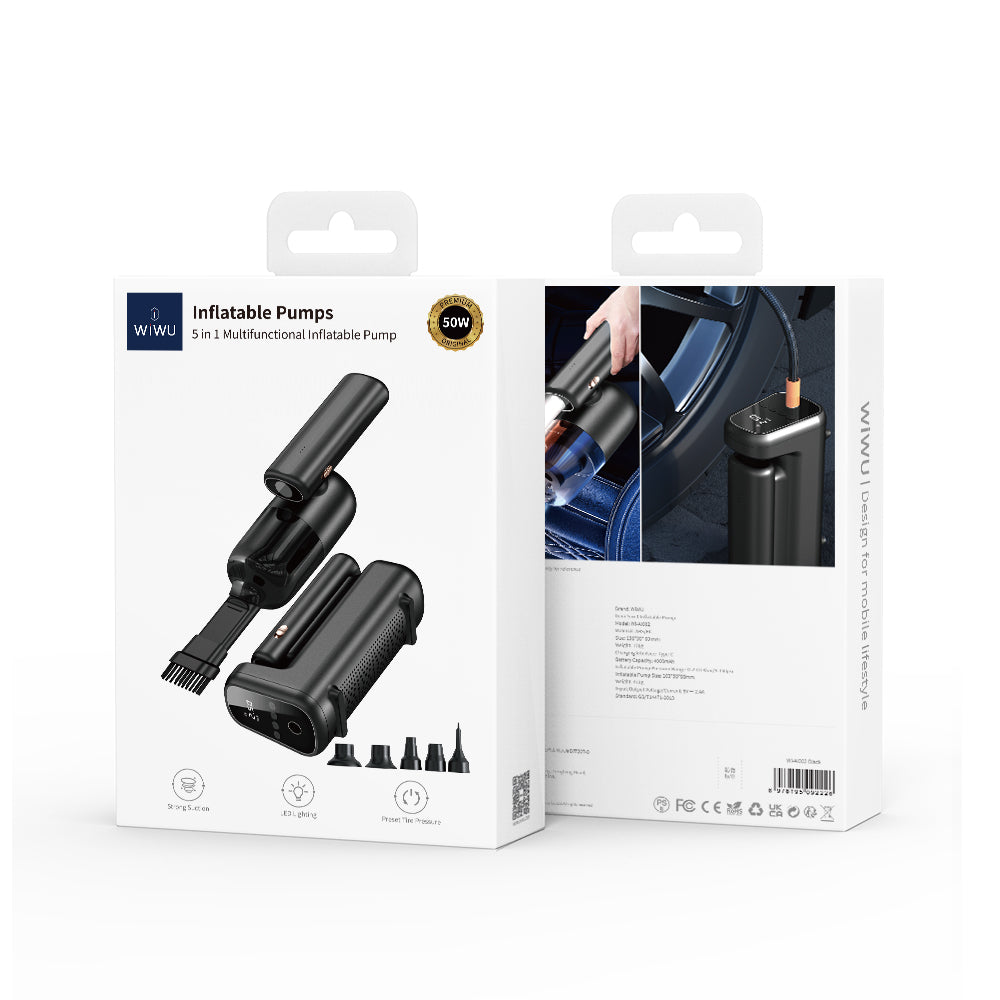 Wiwu Wi-Ai002 5in1 Oto Araç Lastik Şişirme Pompası - Oto Araç Süpürgesi - Vakum Makinesi - Fener Dijital Ekranlı Araç Hava Kompresörü Siyah
