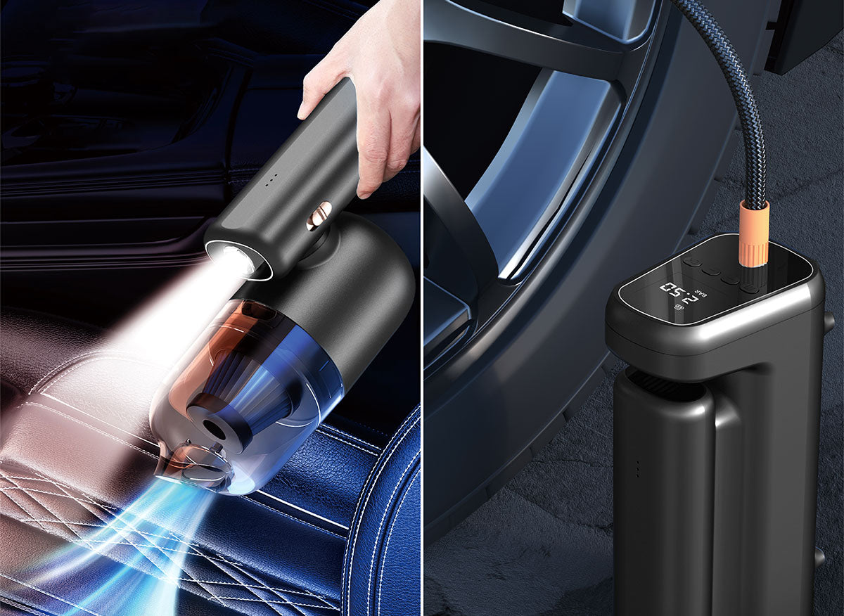 Wiwu Wi-Ai002 5in1 Oto Araç Lastik Şişirme Pompası - Oto Araç Süpürgesi - Vakum Makinesi - Fener Dijital Ekranlı Araç Hava Kompresörü Siyah