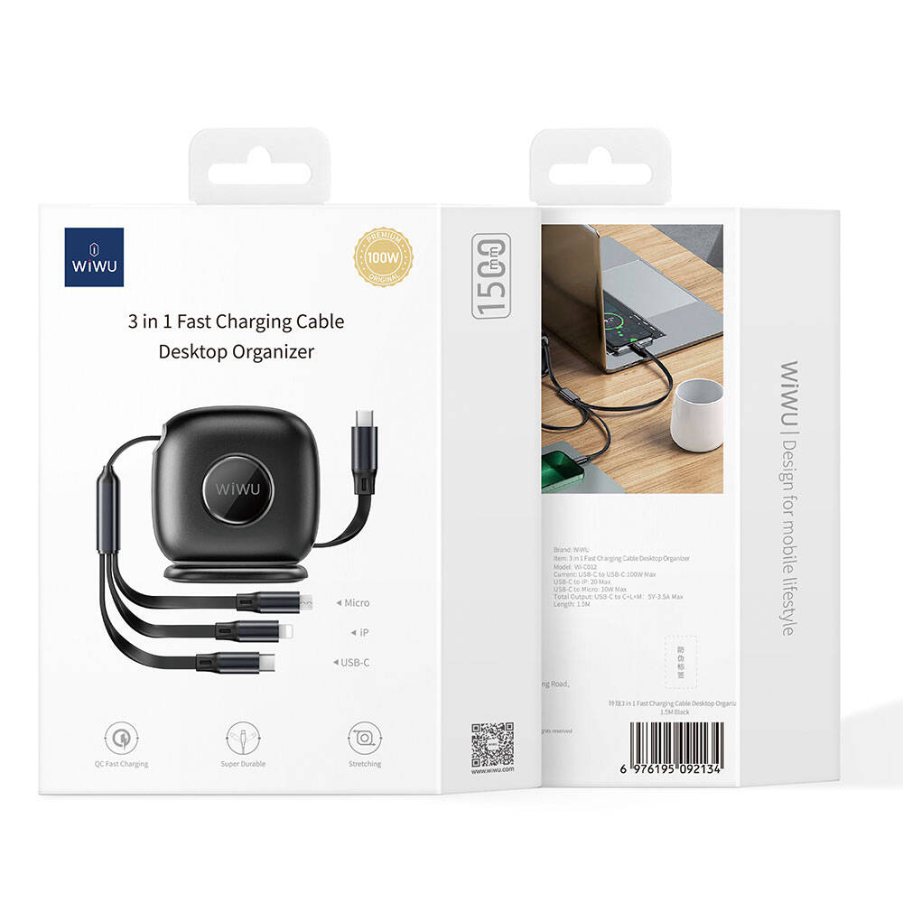 Wiwu Wi-C012 Masaüstü Düzenleyicili Type-C to C+L+M Hızlı Şarj Kablosu 1.2M Siyah