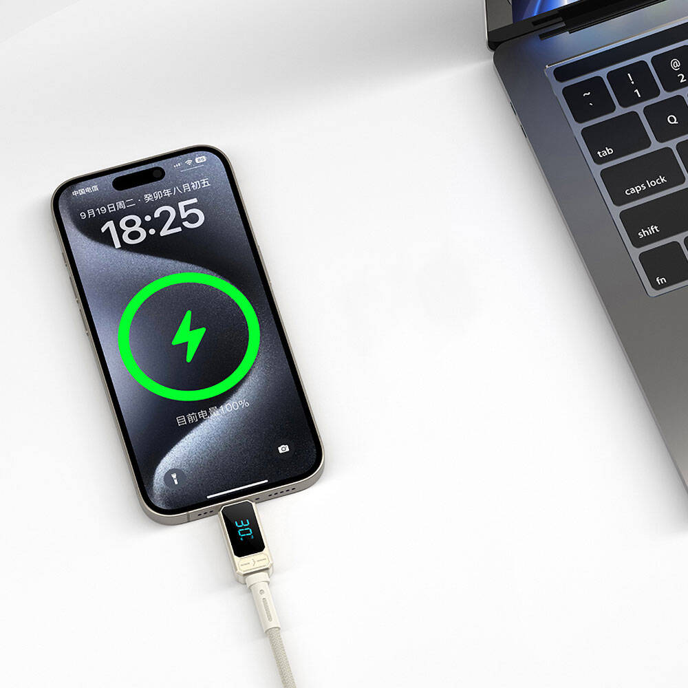 Wiwu Wi-C038 Titan Serisi Lightning to Type-C PD 30W LED Dijital Göstergeli Şarj ve Data Kablosu 1.2M Krem