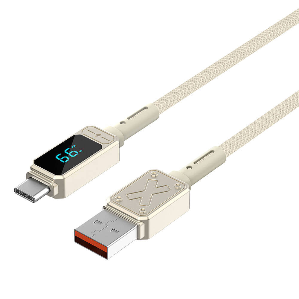 Wiwu Wi-C038 Titan Serisi USB-A to Type-C 6A 66W LED Dijital Göstergeli Şarj ve Data Kablosu 1.2M Krem