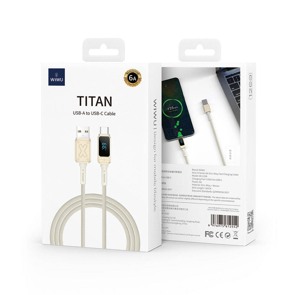 Wiwu Wi-C038 Titan Serisi USB-A to Type-C 6A 66W LED Dijital Göstergeli Şarj ve Data Kablosu 1.2M Siyah