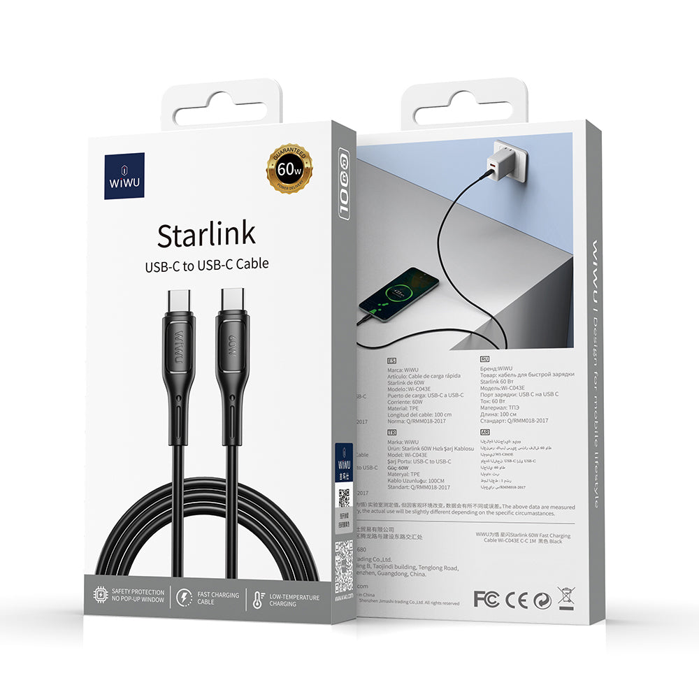 Wiwu Wi-C043E Starlink Serisi Type-C to Type-C Hızlı Şarj Özellikli Data ve Şarj Kablosu 60W 1M Siyah