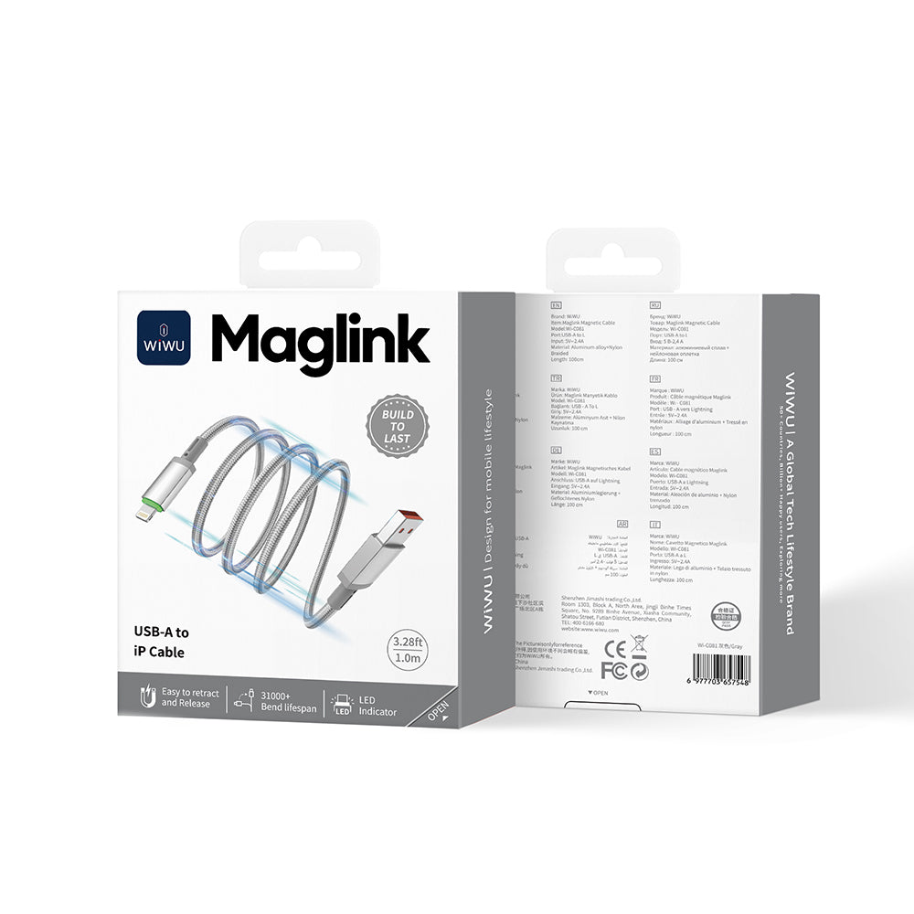 Wiwu Wi-C081 Maglink Serisi Işıklı Magnetik USB-A to Lightning Işıklı Hızlı Şarj Özellikli Data ve Şarj Kablosu 1M Gri