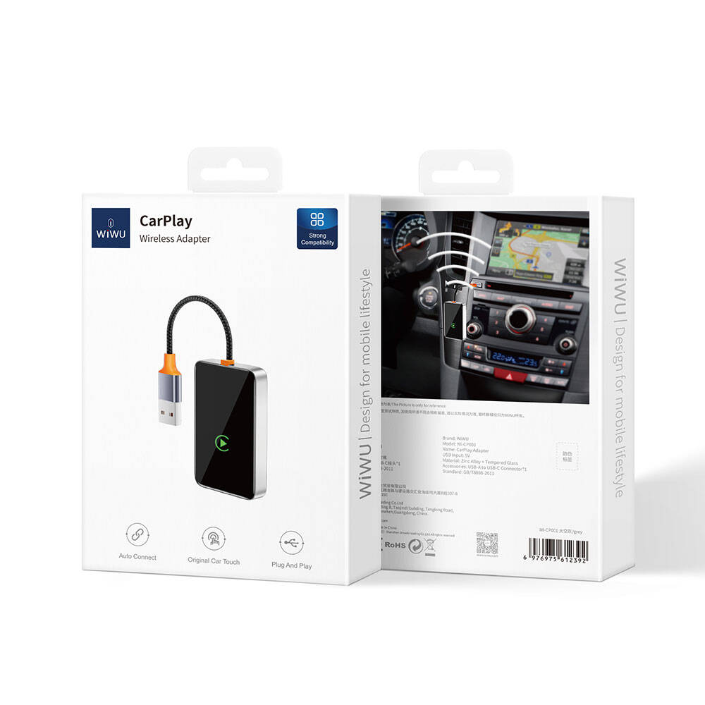 Wiwu Wi-CP001 CarPlay Dijital LED Göstergeli Kablosuz Ses Alıcı USB Girişli Bluetooth Adaptör Gri