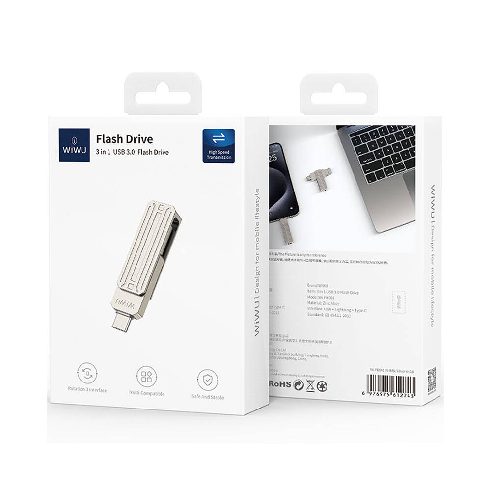 Wiwu Wi-FD001 3in1 USB3.2 Sürücü Disk USB-A + Lightning + Type-C OTG 256 GB Gümüş