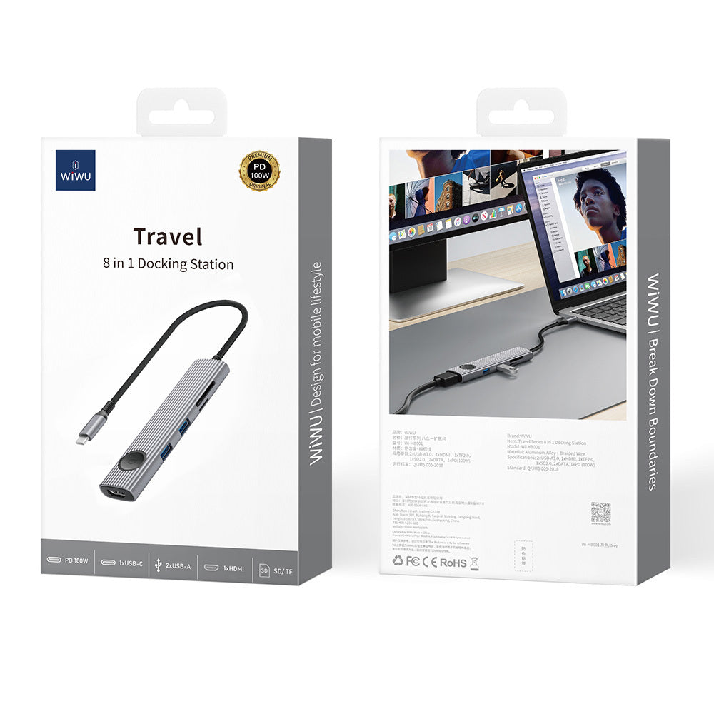 Wiwu Wi-HB8001 Travel Serisi 8in1 HDMI (4K@60Hz) Girişli 100W PD Type-C Hub Bağlantı İstasyonu Gri
