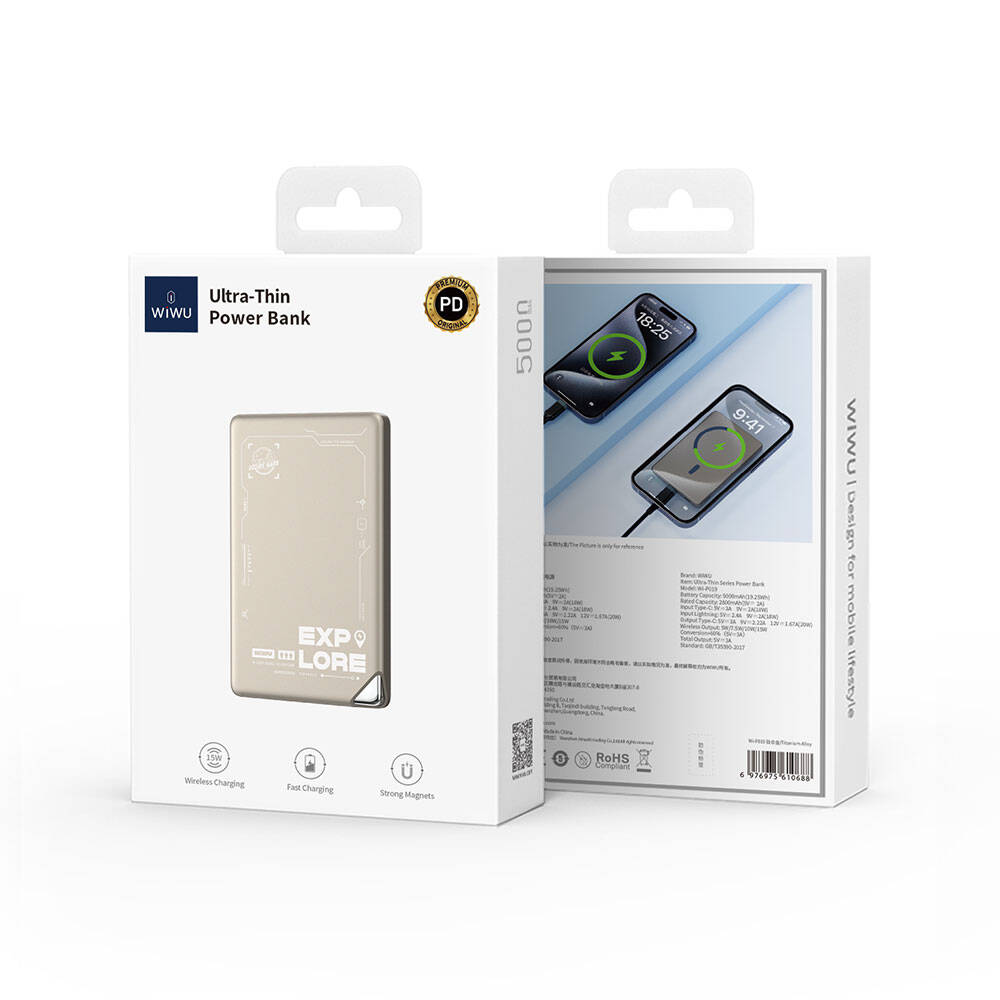Wiwu Wi-P019 Ultra-Thin Explore Serisi Led Göstergeli Wireless Magsafe Powerbank 15W 5000mAh Titanyum-Gold