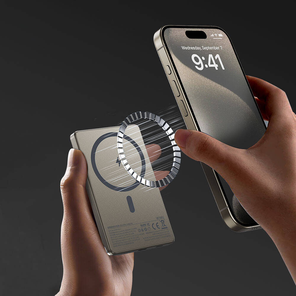 Wiwu Wi-P020 Ultra-Thin Explore Serisi Led Göstergeli Wireless Magsafe Powerbank 15W 10000mAh Titanyum-Gold