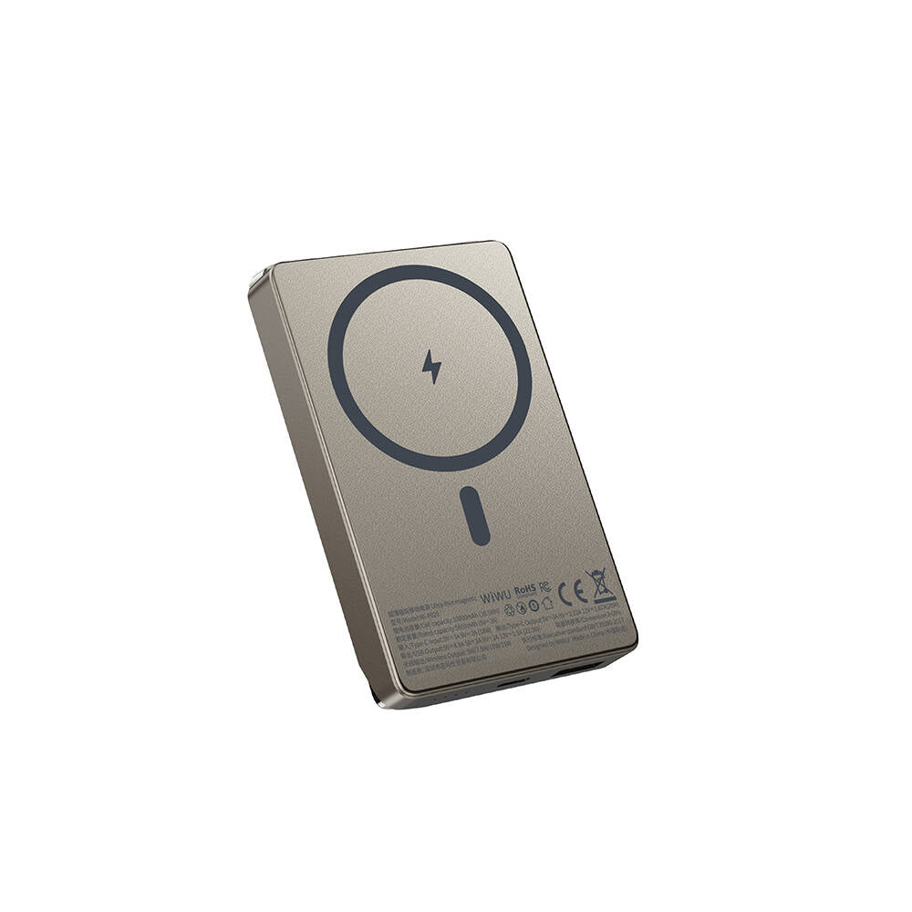 Wiwu Wi-P020 Ultra-Thin Explore Serisi Led Göstergeli Wireless Magsafe Powerbank 15W 10000mAh Titanyum-Gold