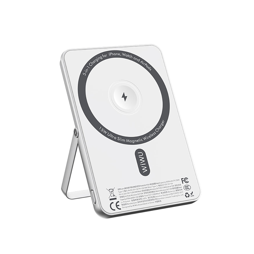 Wiwu Wi-P034 Dijital LED Göstergeli Standlı Kablosuz Powerbank 5000mAh 15W Gümüş