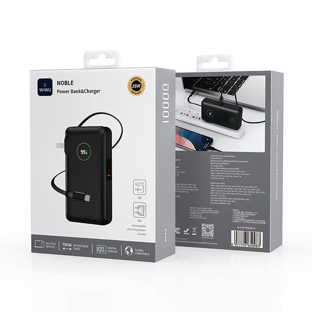 Wiwu Wi-P049 Noble Serisi Type-C Kablolu Dijital LED Göstergeli Powerbank PD 35W 10000mAh Siyah