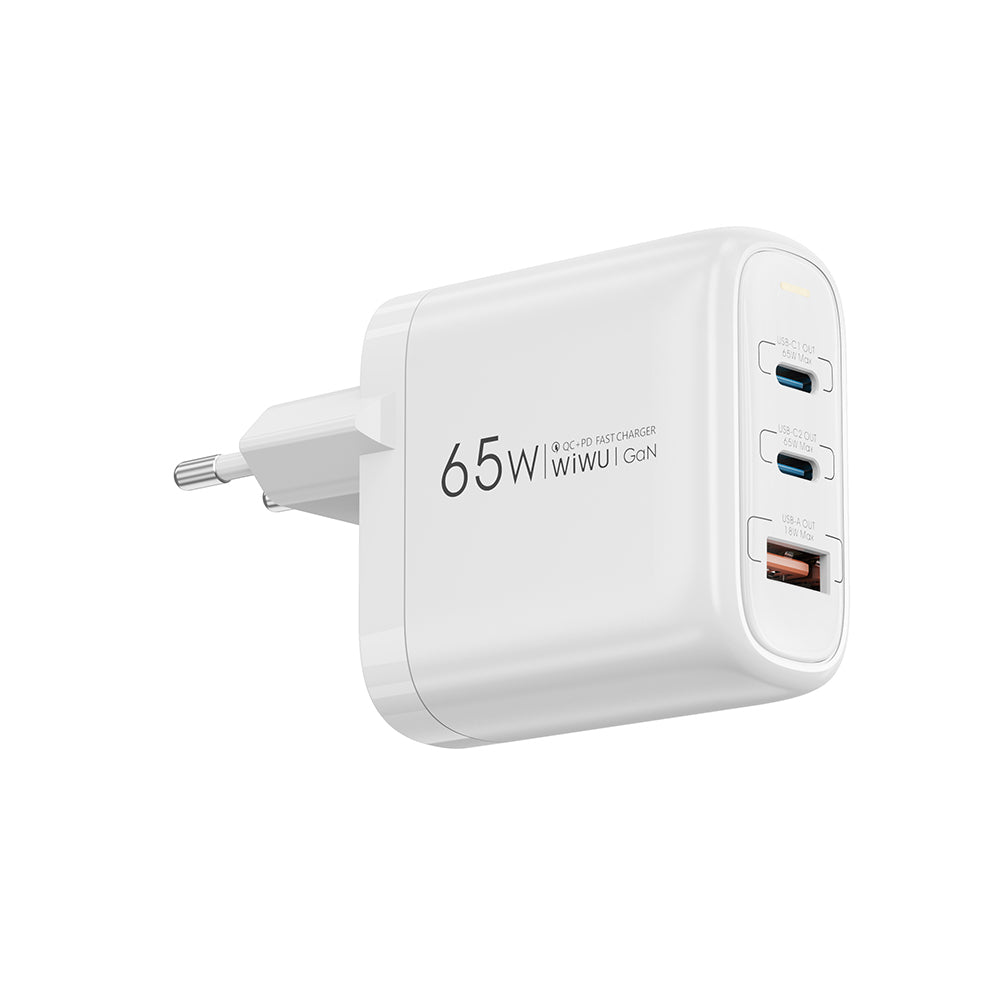 Wiwu Wi-U024 EU Serisi Dual Type-C PD & USB-A GaN Teknolojili Hızlı Şarj Başlığı 65W Beyaz