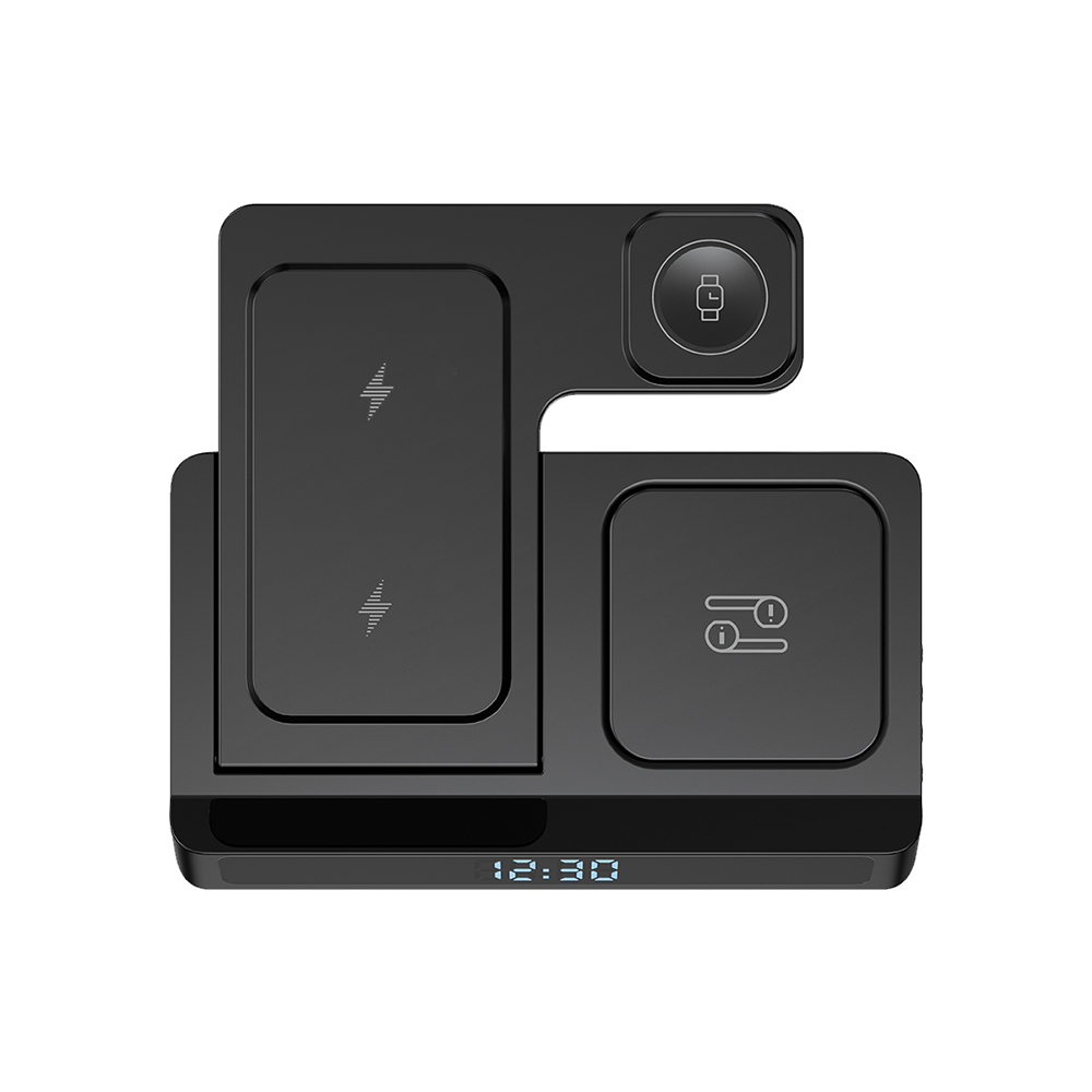 Wiwu Wi-W006 Power Air 5in1 Dijital Saatli Hızlı Şarj Özellikli Magnetik Kablosuz Şarj Standı Siyah