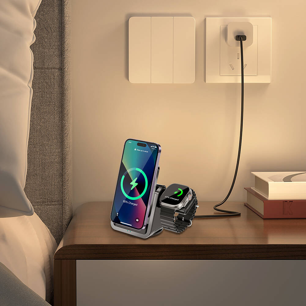 Wiwu Wi-W018 Coolpad Serisi Telefon ve Akıllı Saat İçin 15W 3in1 Kablosuz Şarj Standı Siyah