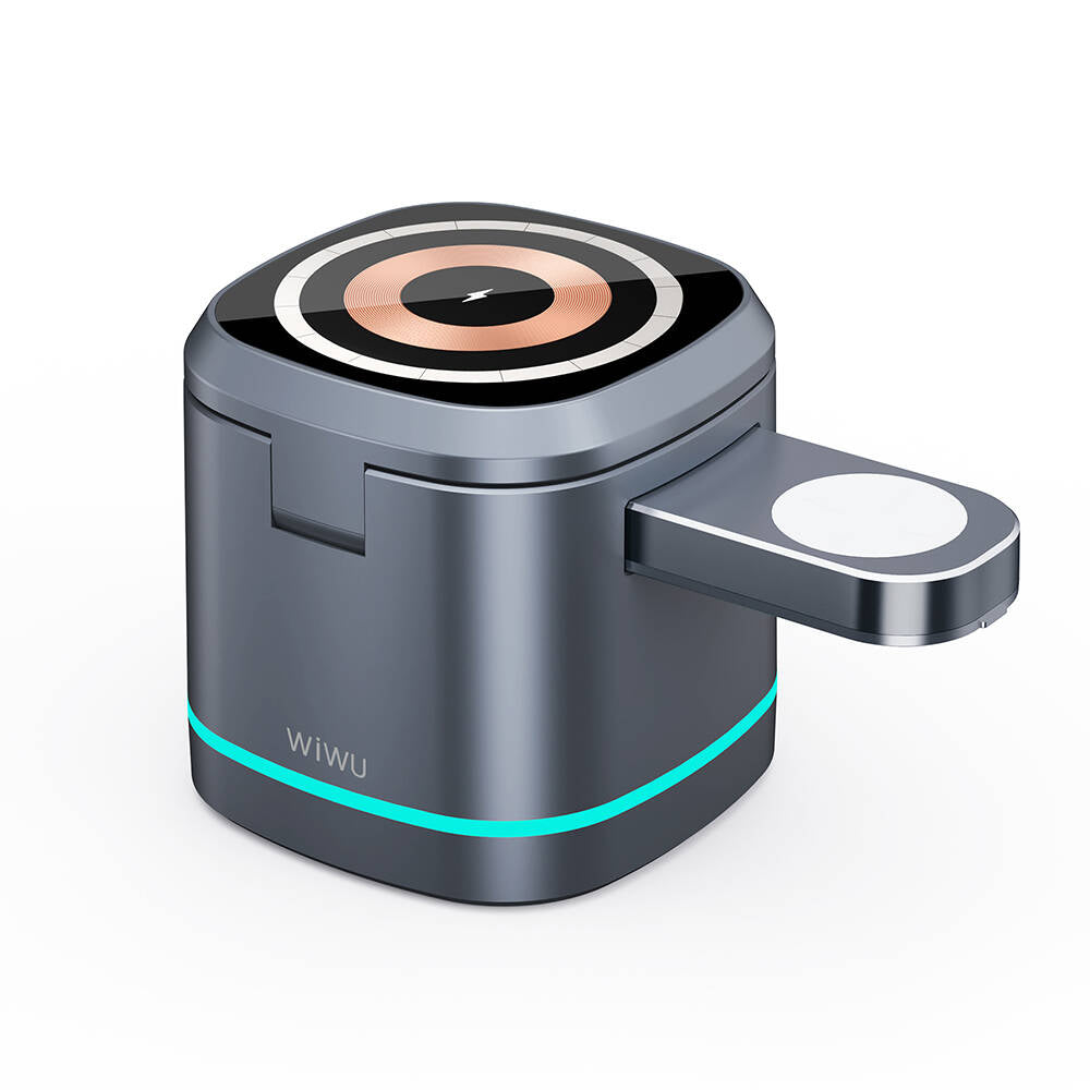 Wiwu Wi-W024 Rubik Küp Ambiyans Işıklı Telefon&Akıllı Saat&Kulaklık İçin 15W 3in1 Kablosuz Şarj Standı Siyah