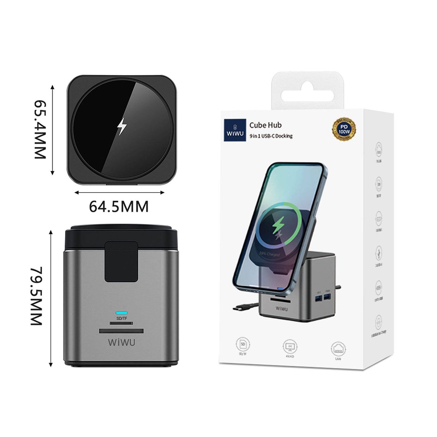 Wiwu Wi-W025 9in1 Magsafe Şarj Özellikli Type-C Hub PD 100W USB 3.0 SD/TF HDMI RJ45 Gri