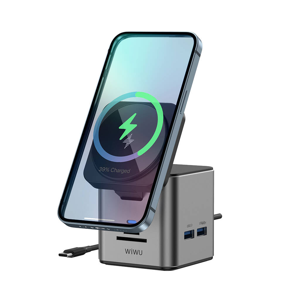 Wiwu Wi-W025 9in1 Magsafe Şarj Özellikli Type-C Hub PD 100W USB 3.0 SD/TF HDMI RJ45 Gri