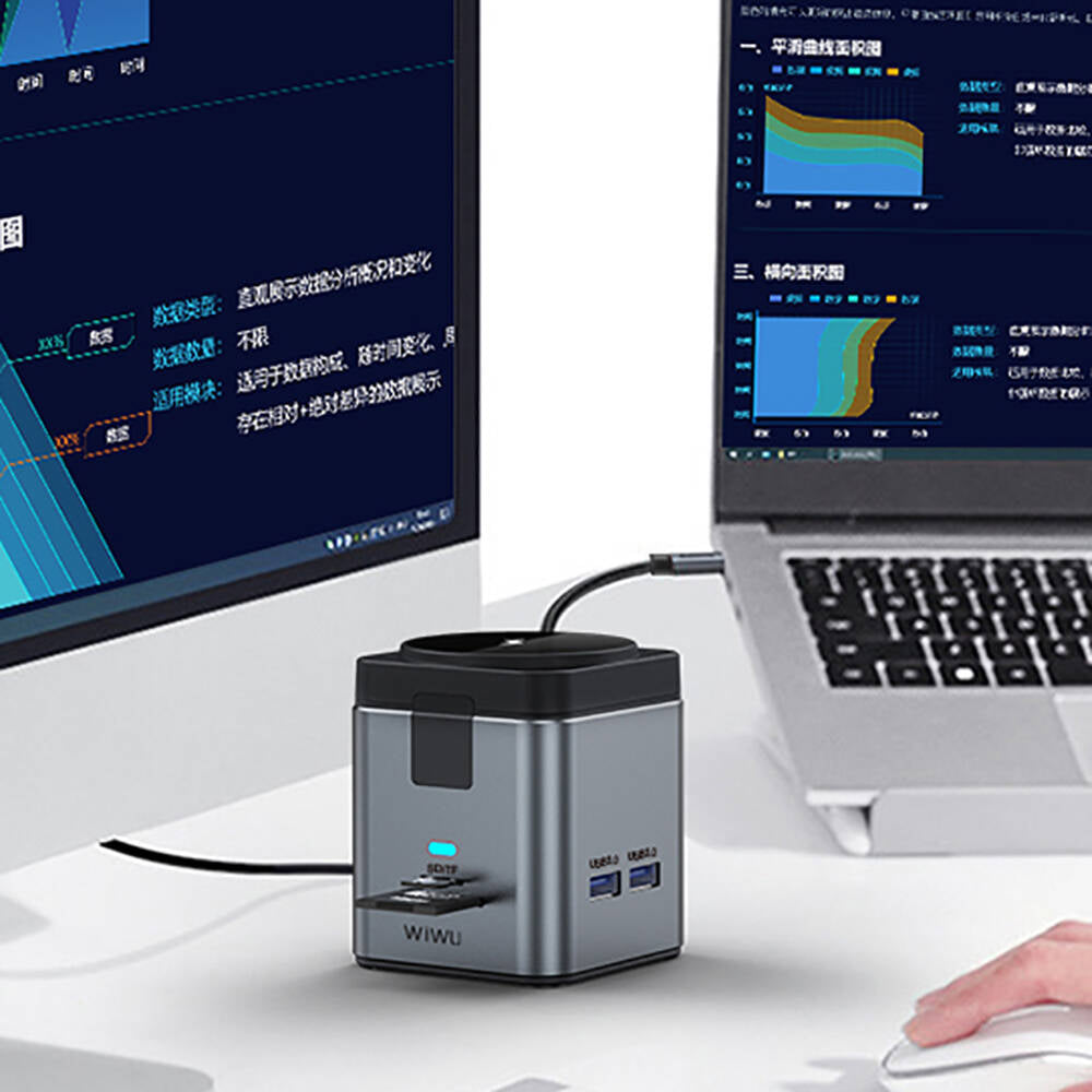 Wiwu Wi-W025 9in1 Magsafe Şarj Özellikli Type-C Hub PD 100W USB 3.0 SD/TF HDMI RJ45 Gri