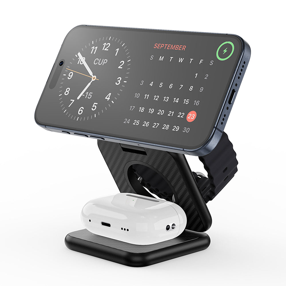 Wiwu Wi-W035 3 in 1 Magnetik Hızlı Şarj Özellikli Aramid Fiber Kablosuz Şarj Standı 15W Siyah