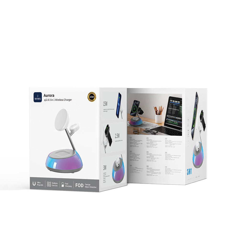 Wiwu Wi-W036 Qi2 3 in 1 Magnetik Hızlı Şarj Özellikli Ambiyans Işıklı Kablosuz Şarj Standı 15W Beyaz