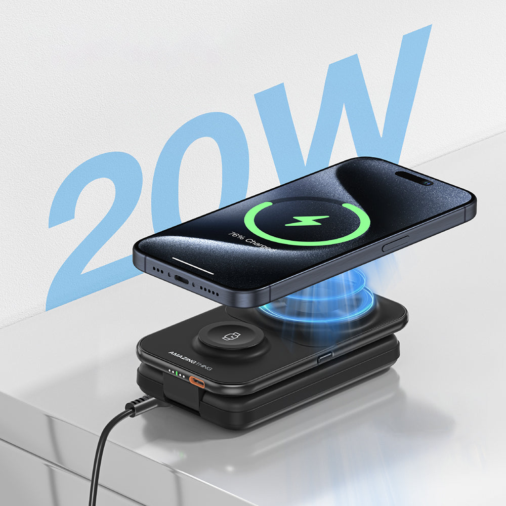 Amazingthing Thunder Pro Mag 6in1 PD22.5W Katlanabilir Standlı Kablosuz Powerbank 8000mAh Siyah